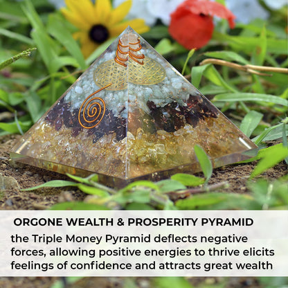 Orgonite Crystal Triple Money Pyramid Energy Generator Promotes Wealth and Prosperity with Green Aventurine, Red Garnet and Citrine – Attract Money and Success with Lucky Orgone Crystals
