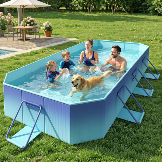 HeySplash Foldable Pool, Non-Inflatable Swimming Pool with Rigid Puncture-Proof Hard Composite Board, Kiddie Pool Outdoor Pool, Adults & Kids Pool for Backyard Garden Dog Pool 114"×70"×19", Ice Blue