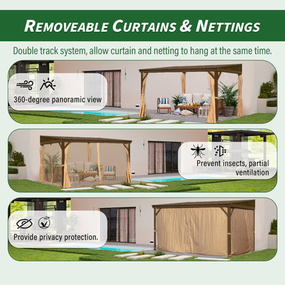 Domi 10x14FT Lean to Gazebo with Gutters, Outdoor Wall Mounted Pergola Hardtop with Galvanized Steel Sloping Roof, Patio Metal Canopy with Curtains and Nettings, Outside Awning for Backyard, Garden