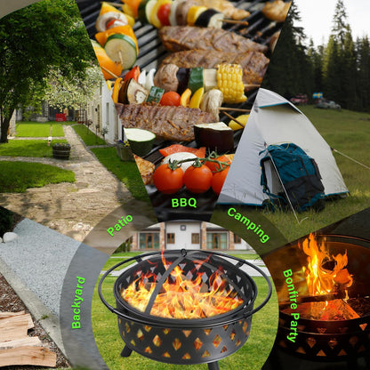 Quilushey 32 Inch Fire Pit Outdoor Burning Stove, 2 in 1 Metal Round Fireplace for Outside Bonfire Party, BBQ, Camping, Backyard, Patio, Garden w/Fire Poker, Spark Screen, Grate, Cover (Rhombic)