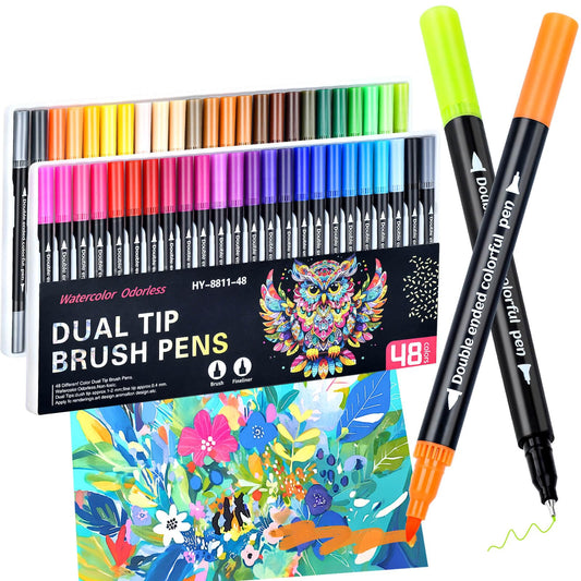 MIN CI 48 Colors Markers, Dual Tip with Fine Tip and Brush Tip Pens for Adult Coloring Book, Dual Brush Coloring Markers, Art Supplies Marker s Kit for Calligraphy, Drawing, DIY Crafts