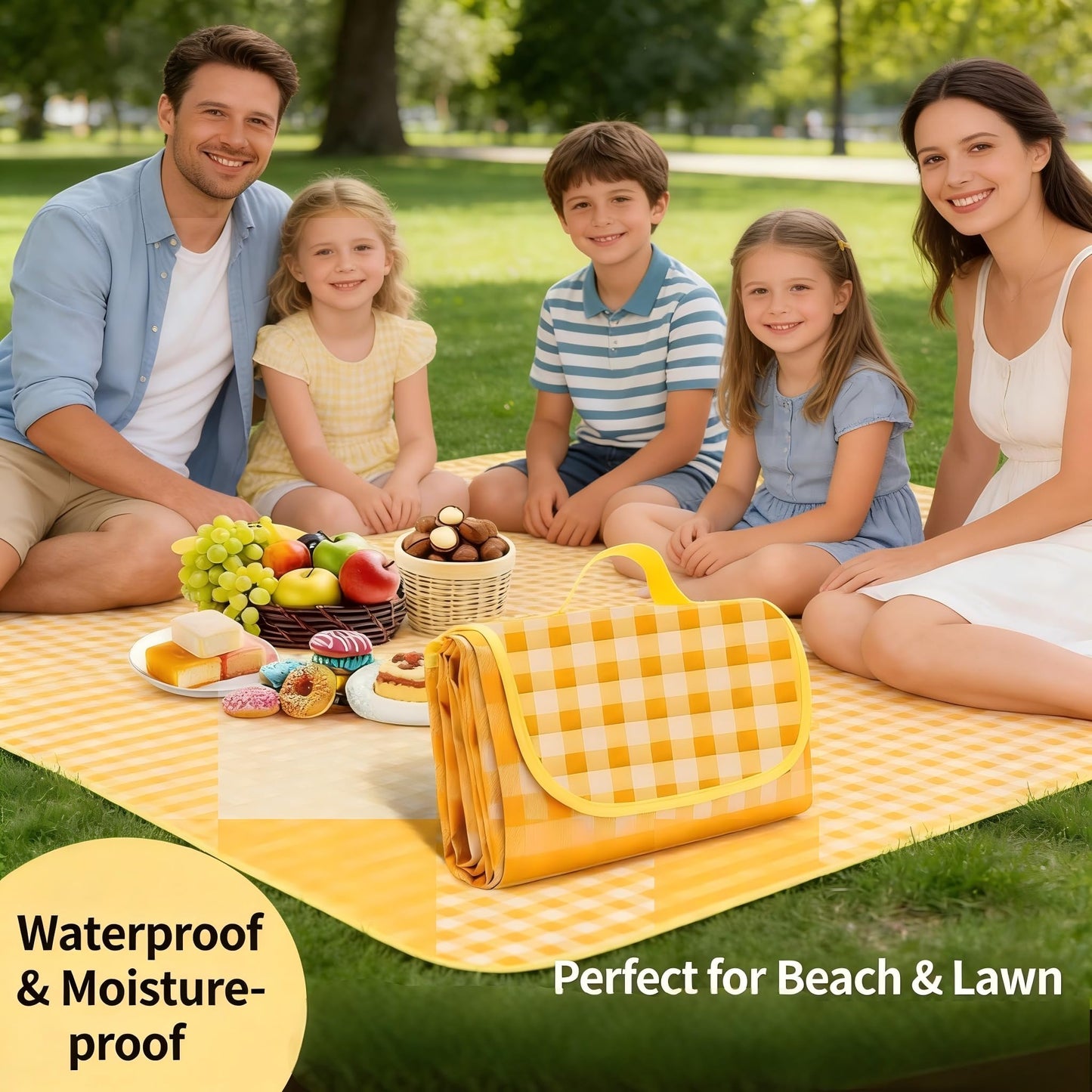 Loulangems Extra Large 2m x 2m Orange Plaid Picnic Mat, Sandproof Waterproof Outdoor Blanket, Orange Plaid Picnic Blanket for Campin and Hiking, Machine Washable