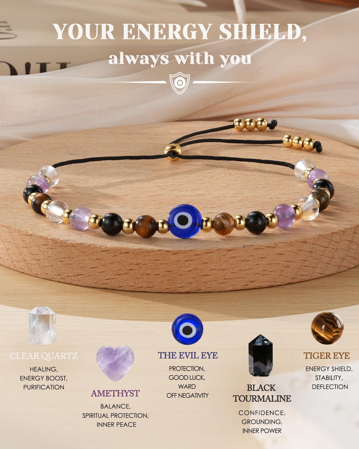 HGDEER Evil Eye Bracelets, Crystal Bracelets Protection Black Tourmaline Tigers Good Luck Gifts Healing Spiritual Jewelry for Women Charm Grounding Positive Energy Stocking Stuffer