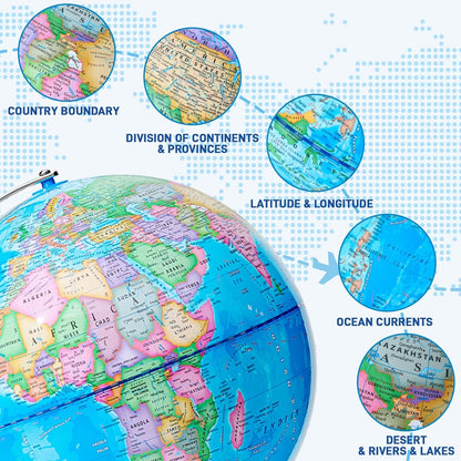 BSHAPPLUS 13 inch World Globe for Kids Large Educational Classroom Globe with Rewritable Surface and Sturdy Metal Base HD Waterproof Map for Learning