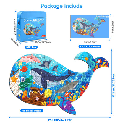 Jigsaw Puzzles for Kids Ages 4-8, 108 Pieces Whale Shaped Cardboard Puzzles for Animal Lovers, Sturdy Floor Puzzles Box and Poster, Educational Toys Gift for Boys Girls, 23.38 x 14.72 Inch