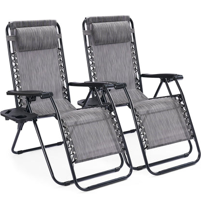 NEWBULIG Zero Gravity Chair Set of 2, Lounge Chair Folding Portable Adjustable Camping Reclining Chairs with Adjustable Pollow, Mesh Back, Cup Holder Trays Lawn Patio Chair for Pool Beach - Grey