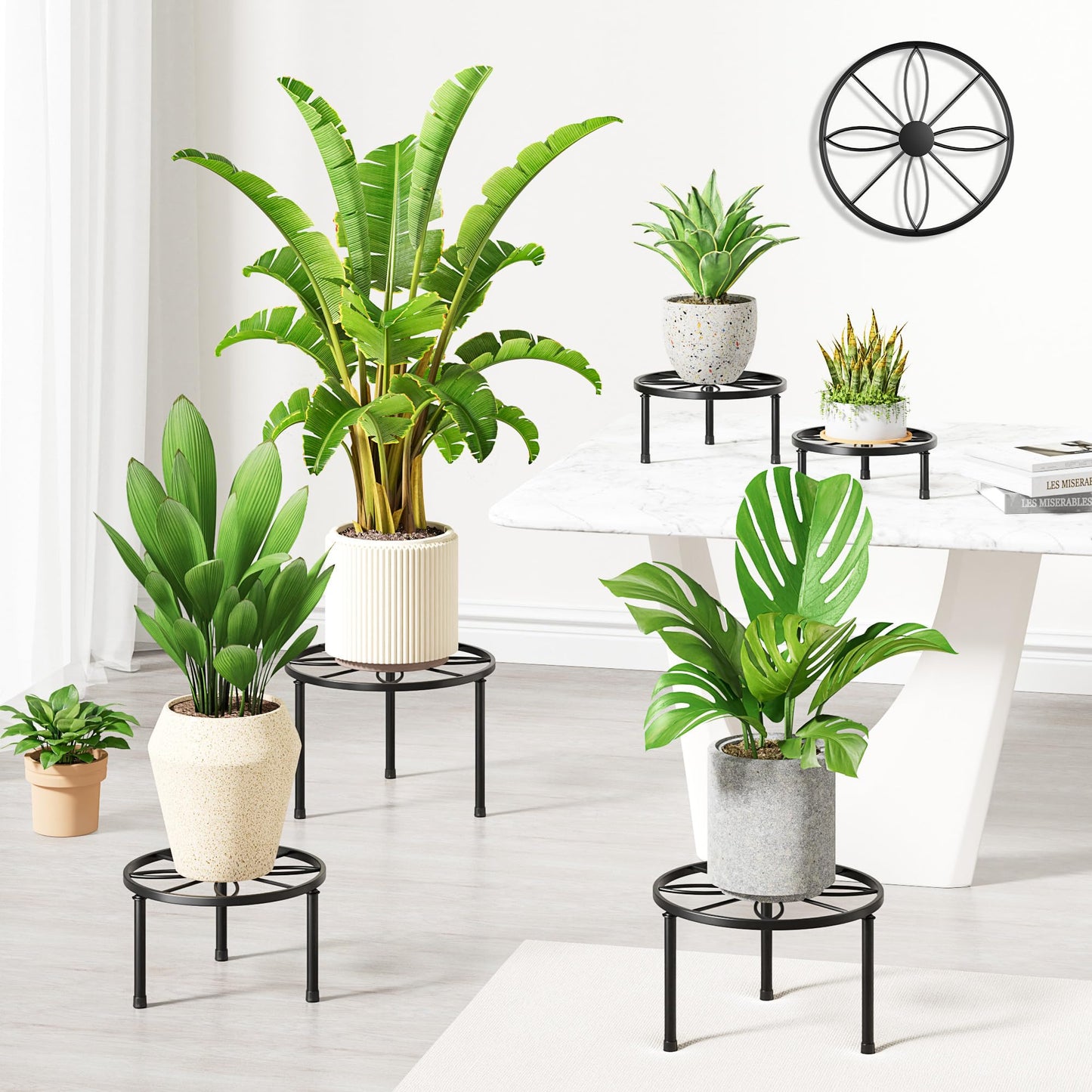 NQW 5 Pack Metal Plant Stand Indoor Outdoor,Indoor Plant Stands for Patio Rustproof,Heavy Duty Flower Pot Stands for Multiple Plant,Black Potted Plant Holder for Home(BlackLeaf)