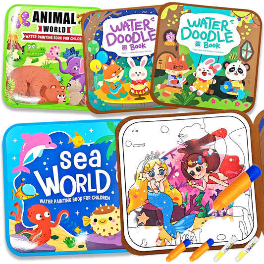 NaTuGi Reusable Magic Water Painting Books for Kids,Watercolor Workbook Coloring Books For Toddler,4 Themes,No Mess Paint Coloring,For Ages 1-3,2-4,Gift for Boys & Girls Travel Activity Toys (4 books)