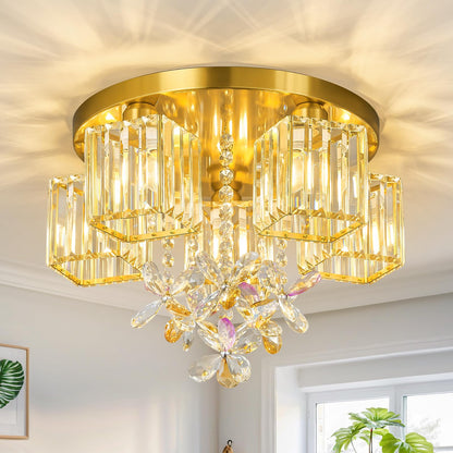 zhllmq 5 Light Gold Crystal Ceiling Light Flush Mount Ceiling Light Crystal Close to Ceiling Light Fixtures for Living Room Bedroom Kitchen Hallway