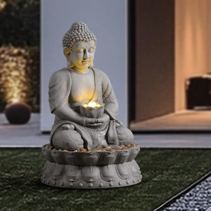 Mseonwxi Buddha Water Fountain Outdoor, Zen Fountain with LED Light for Garden, Home Decor, Relaxing Buddha Statue with Lotus Base, for Women