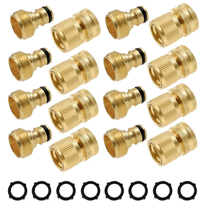 Hourleey Garden Hose Quick Connector, Solid Brass 3/4 Inch GHT Thread Garden Quick Connect Kit, Male and Female No-Leak Water Hose Fittings (8 Set)