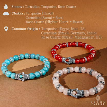 Healing Crystal Bracelet, Chakra Bracelets for Women & Men, Bracelet for Meditation, Positive Energy & Balance, Handmade Bracelets Crystal by Karma Pledge (Turquoise, Carnelian and Rose Quartz)