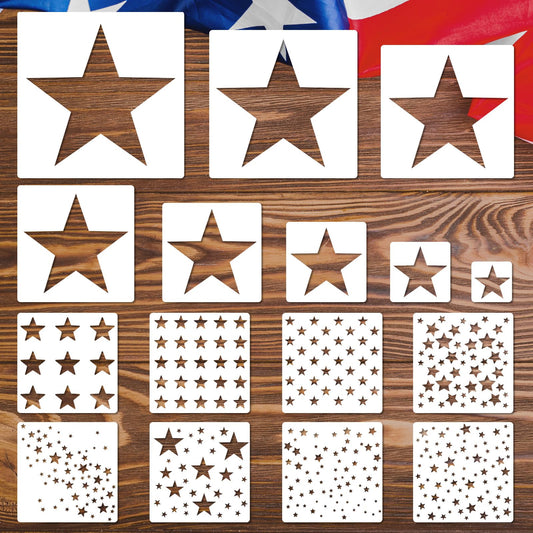 JarThenaAMCS 16Pcs Star Shape Stencils Patriotic Star Templates Stencils Reusable Plastic Drawing Painting Template for 250th Anniversary 4th of July Independence Day DIY Art Craft Painting on Wood