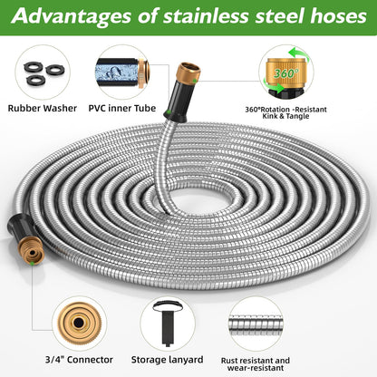GARDENWORK Water Hose 50 FT,Stainless Steel Garden Hose with 10 Function Nozzle Flexible,Metal Garden Hoses with Leak-Proof Connectors,Flexible Hose,Waterhose for Outside