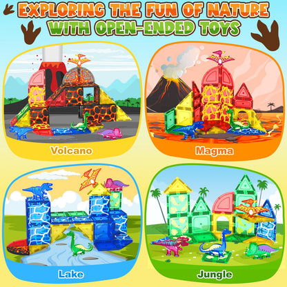 Coodoo Dinosaur Toys Magnetic Tiles Lava Dinosaur World Set - Magnetic Blocks Building for Kids 3-5 5-7 Girls Boys Toy Age 4-6 6-8, Classroom Must Haves Toddler Sensory for 3+ Year Old Kids Toys