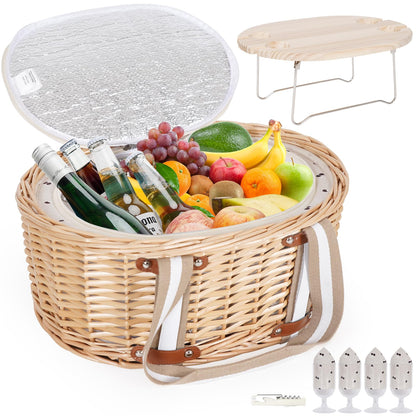Zettfuly Picnic Basket Set for 4 - Wicker Insulated Picnic Basket with Folding Wine Table, Wine Picnic Kit with Liner for Couples, Camping, Outdoor, Valentine (Cherry)