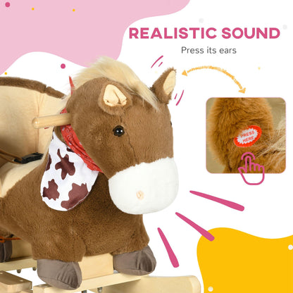 Qaba Baby Rocking Horse, Riding Horse, Plush Animal Rocker with Realistic Sound, Pedals for Ages 18-36 Months, Brown