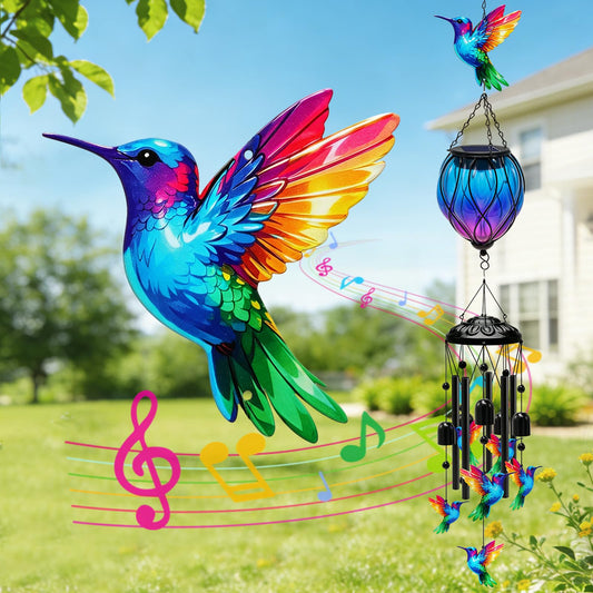 Solar Hummingbird or Butterfly Wind Chime Outdoor, 48" Lighted Gradient Color Hot Air Balloon Wind Chimes, LED Waterproof Garden Decor, for Women Mom Birthday Mother's Day