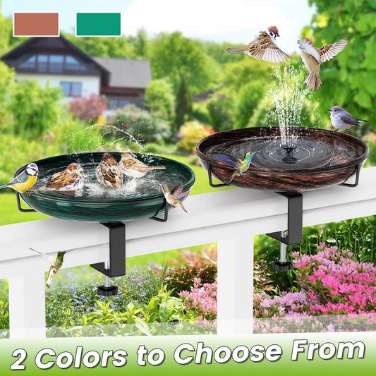 ODSNANIE Deck Mounted Metal Bird Bath for Outside, Detachable Birdbath Bowl with Adjustable Steel Clamp, Outdoor Bird Feeder for Railing Balcony Fence Yard Art Garden Decor (Vintage Green)