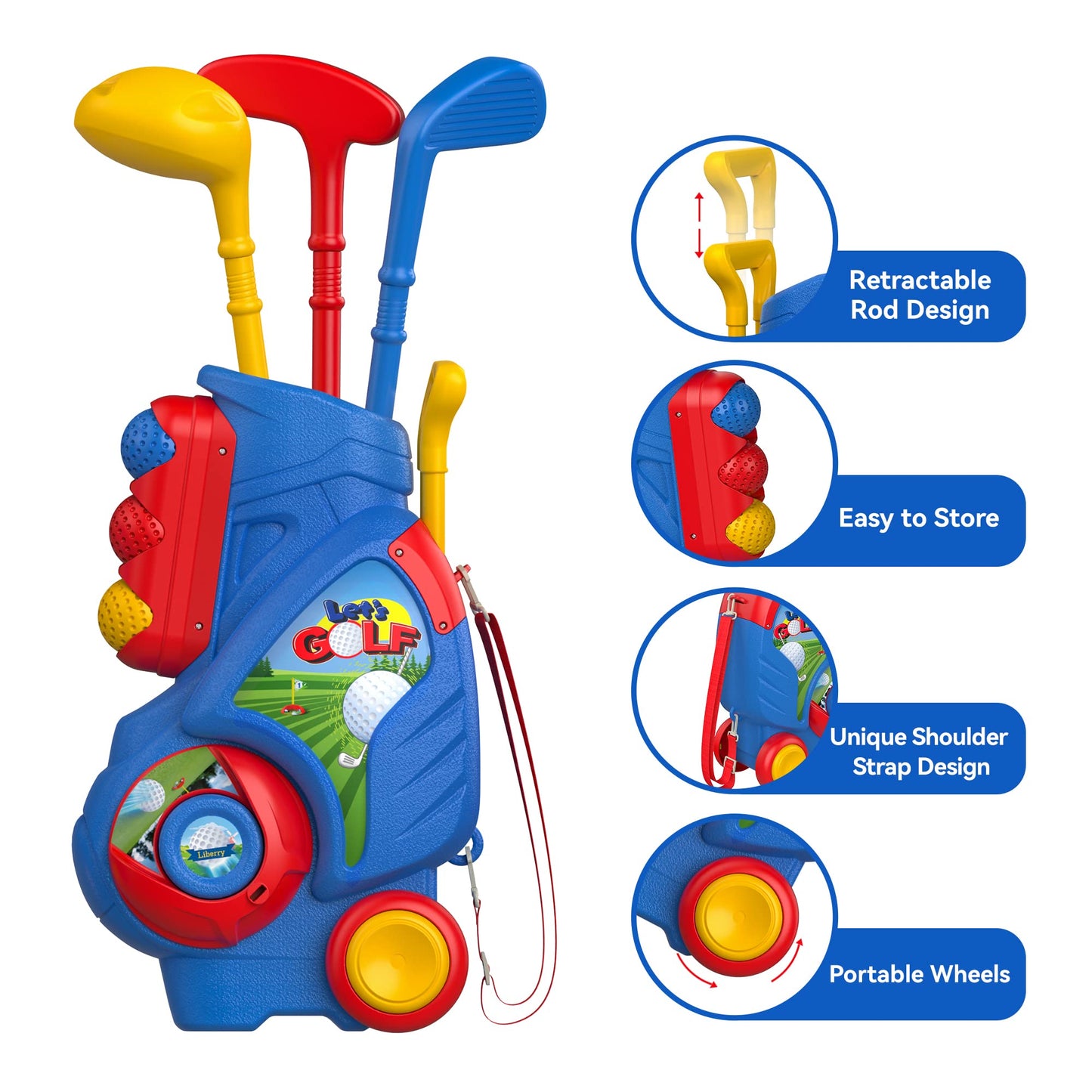 Liberry Toddler Golf Set, Upgraded Kids Golf Cart with Unique Shoulder Strap Design, Indoor Outdoor Sports Toys Gifts for Boys Girls 1 2 3 4 Years Old