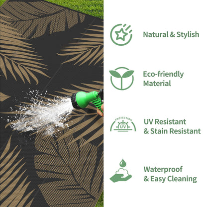 GENIMO Outdoor Rug 10' x 20' Waterproof for Patios Clearance, Reversible Outdoor Plastic Straw Camping Rug Carpet, Large Area Rugs Mats for RV, Camper, Deck, Balcony, Porch, Beach, Picnic, Black&Brown