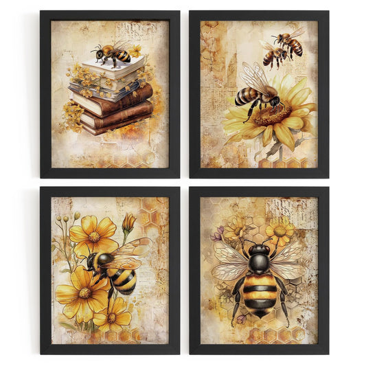 WXHUM 4Pcs Vintage Bumble Bee Sunflower Floral Wall Art Decor for Home Kitchen Bedroom Living Room Bathroom, Rustic Vintage Botanical Prints Wall Art Bee Decor for Farmhouse, 8x10 inch Unframed