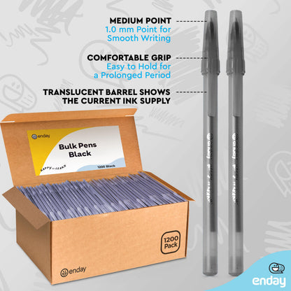 Enday 1200 Pack Bulk Ballpoint Pens Black 1200 Black Pens, Medium Point (1.0mm) Smooth Writing Pens, Comfortable Grip, Quick Dry Ink, Office School Home Supplies.
