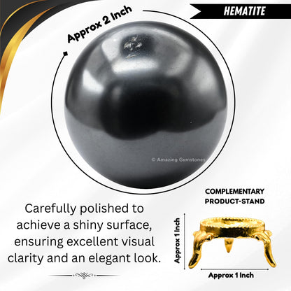 Amazing Gemstone Hematite Crystal Ball with Stand - 2 Inches Crystal Sphere Meditation Balls for Witchcraft and Decorative Balls