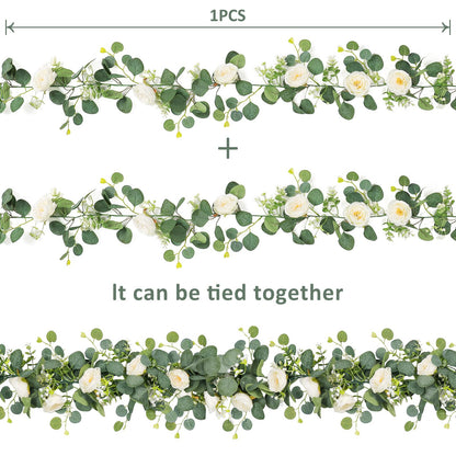 TOCHGREEN 2 Pack 13Ft Artificial Eucalyptus Flower Garland with White Roses, Fake Rose Flower Greenery Garland Floral Vines for Wedding Home Party Table Runner Decor (2PCS, White)