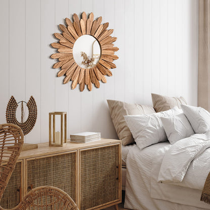 Emfogo Wall Mirror 21 inch Rustic Wood Sunburst Boho Mirror Wall Decor Home Decor for Bedroom Living Room Entryway Farmhouse (Carbonized Black)