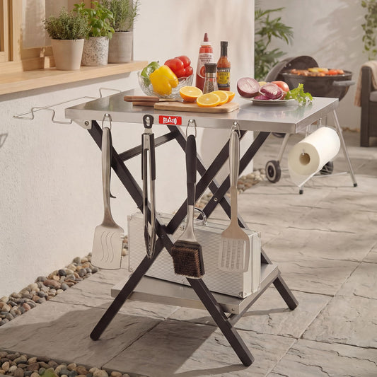 Feasto Outdoor Grill Table, Foldable Pizza Oven Stand & Griddle Stand with Garage Rack & Tissue Holder, Folding Outdoor Prep Table for Gathering and Party, 30" x 24", Stainless Steel