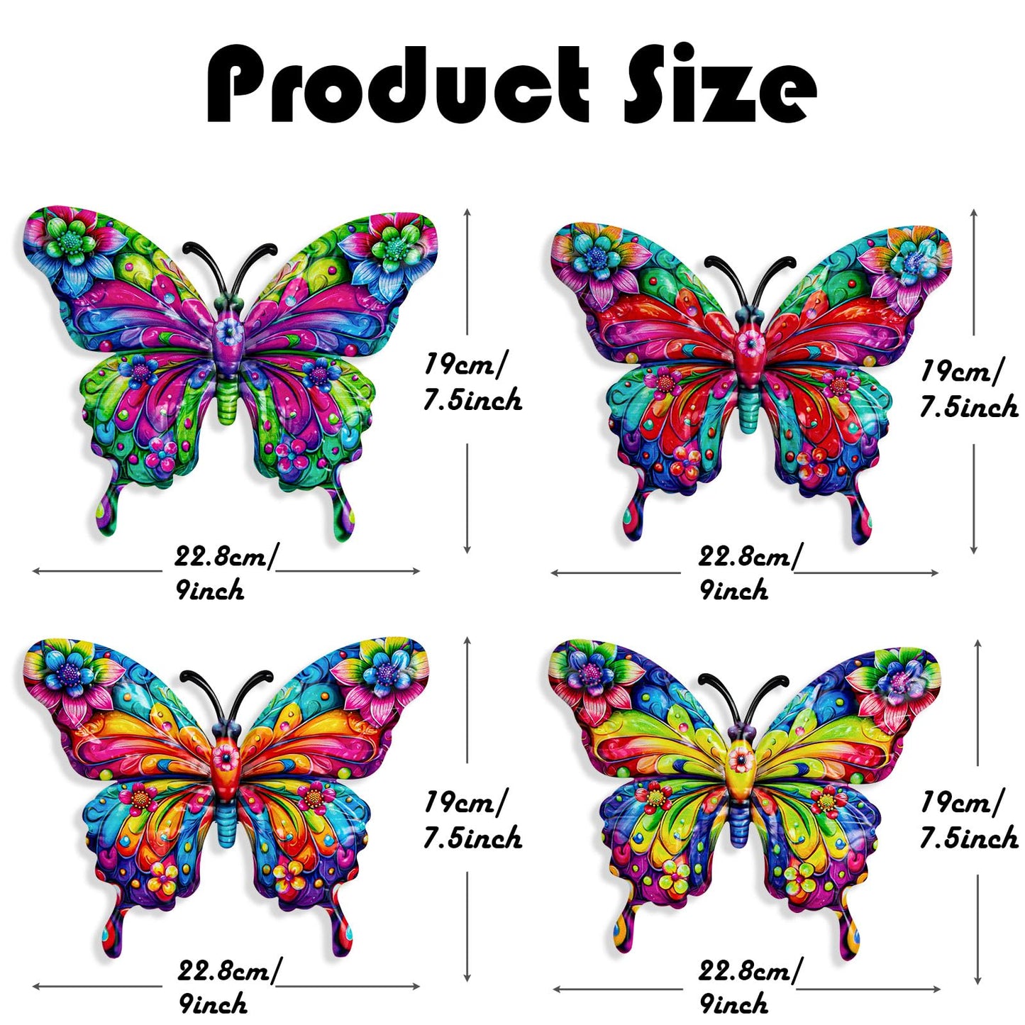 SUNREEK 4Pcs Metal Butterfly Wall Decor, 9 Inches Butterfly Outdoor Wall Art for Fence Garden Yard Room Patio Balcony Decorations