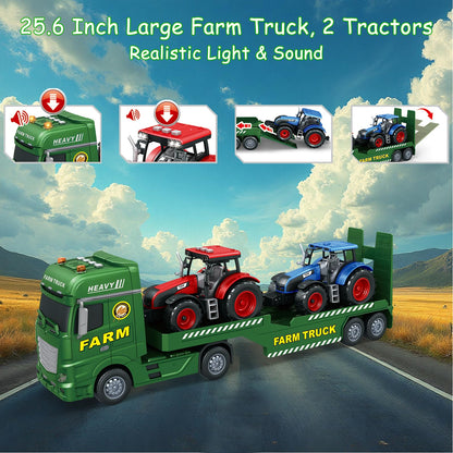 Joysweetoy 25’’ Large Flatbed Semi Truck Toy for Kids - 3 in 1 Friction Powered Farm Vehicles with 2 Tractors, Lights & Sounds - Car Toy Gift for 3 4 5 6 7 8 Year Old Boys Girls Toddlers