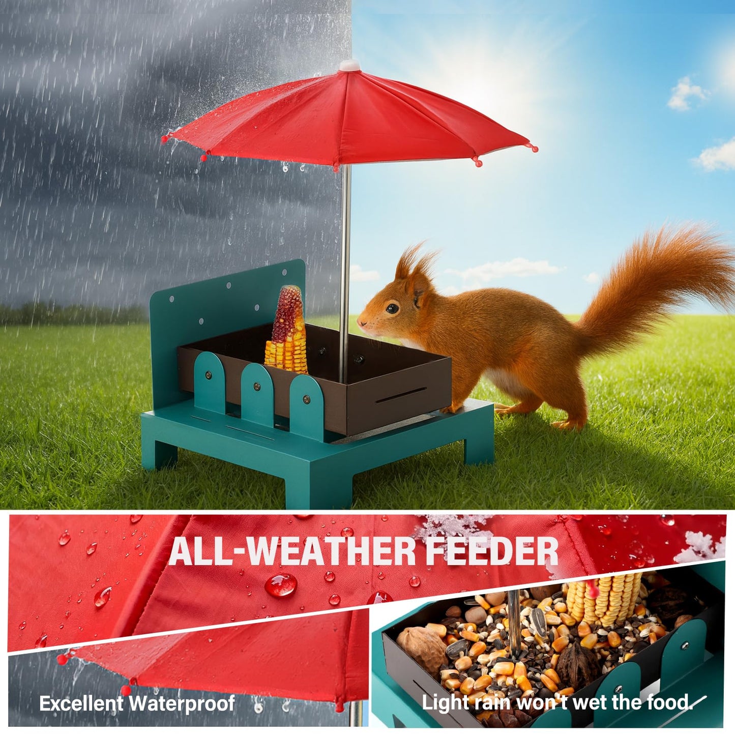 Ewenono Squirrel Picnic Table Feeder with Umbrella – Metal Squirrel Feeder for Outdoors, Large Food Tray & Corn Cob Holder, Funny Picnic Table for Wildlife, Tree-Mount Squirrel Table Feeding Station
