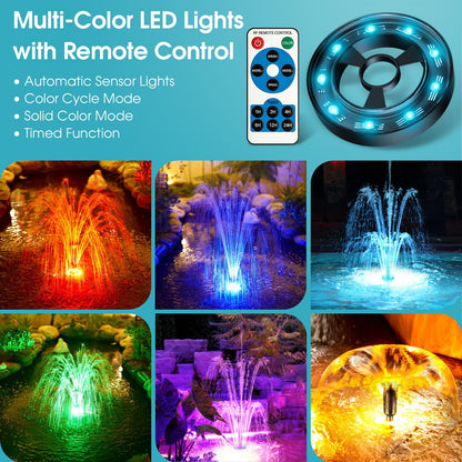 POPOSOAP Floating Fountain With LED Lights, Pond Fountain and Aerator Complete Kit with 660GPH Water Pump 27FT Power Cord, 3 Spray Styles for Ponds, Pool, Water Gardens P130