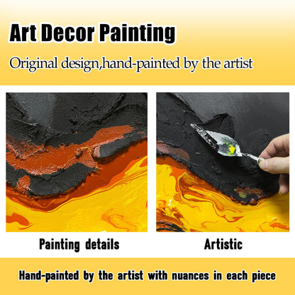 GUGIKA Abstract Wall Art for Living Room, Hand Painted 3D Textured Magma Paintings, Black and Gold Yellow Volcanic Lava Canvas Wall-Decor for Bedroom, Size 40 x 20 Inches