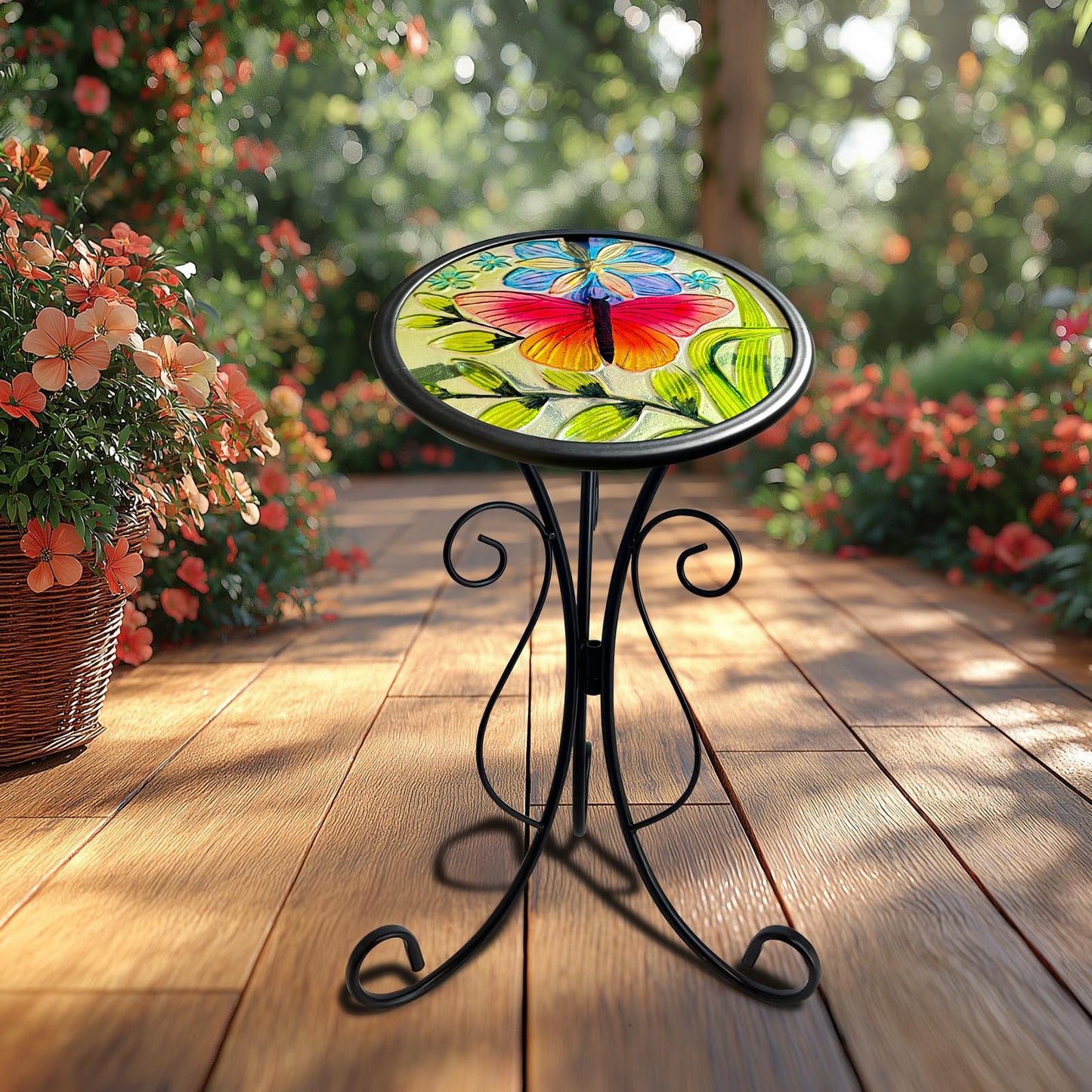 HONGLAND Outdoor Side Table, Small Outdoor Table, 12" Round Patio Side Table End Table, Glass Plant Stand, Small Bistro Coffee Table for Garden Patio Porch Living Room (Butterfly)