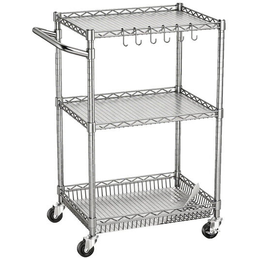 3 Tier Rolling Utility Metal Carts with Wheels NSF Heavy Duty Storage Cart 750Lbs Capacity Adjustable Kitchen Cart with Handle & Shelf Liner Commercial Service Trolley for Indoor & Outdoor Use
