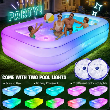 Inflatable Pool with Pool Lights and Seat, Durable Thickened Large Size Family Inflatable Pools for Adults Blow Up Pools,110" x 63" x 20"Swimming Inflatable Kids PooI for Backyard,Outdoor (White)