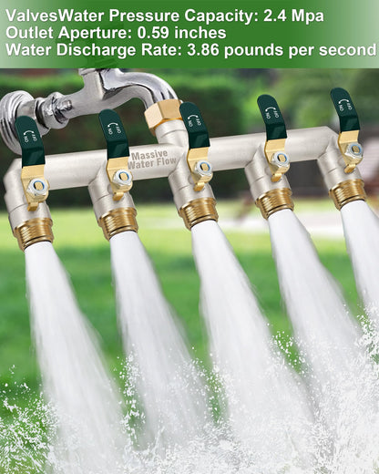 5 Way Hose Splitter, Heavy Duty Full Flow Garden Hose Splitter with 4 Large Metal Handles, Brass Water Hose Bib Splitter, T Adapter Connector with 3/4 - Inch GHT Thread (Green)