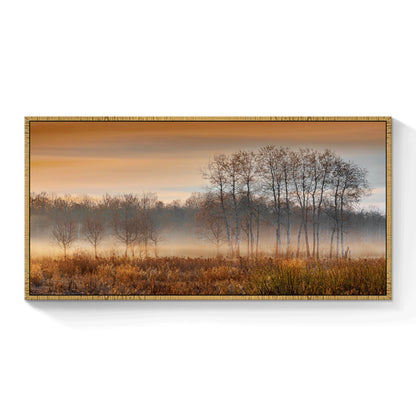 Misty Forest Framed Wall Art: Sunset Landscape Canvas Picture Rustic Woodland Scenery Painting Wilderness Artwork Prints for Living Room