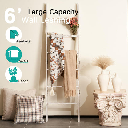 Blanket Ladder for The Living Room 6-Tier, Wooden Decorative Quilt Holder for Bed Room, Wall-Leaning Towel Rack for Bathroom，Rustic Farmhouse Ladders for Display. (White Wash)