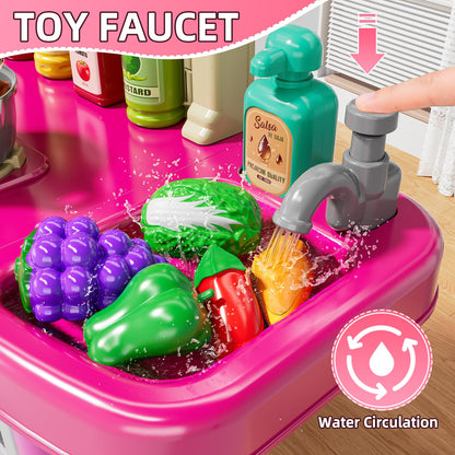 MSKOLER Play Kitchen Playset, Girls Kitchen Toys for Ages 2-6 4-8 with Light, Sound and Spraying, Sink Toy Accessories, Cooking Stoves, Pretend Food for Toddlers 1-3 3-5