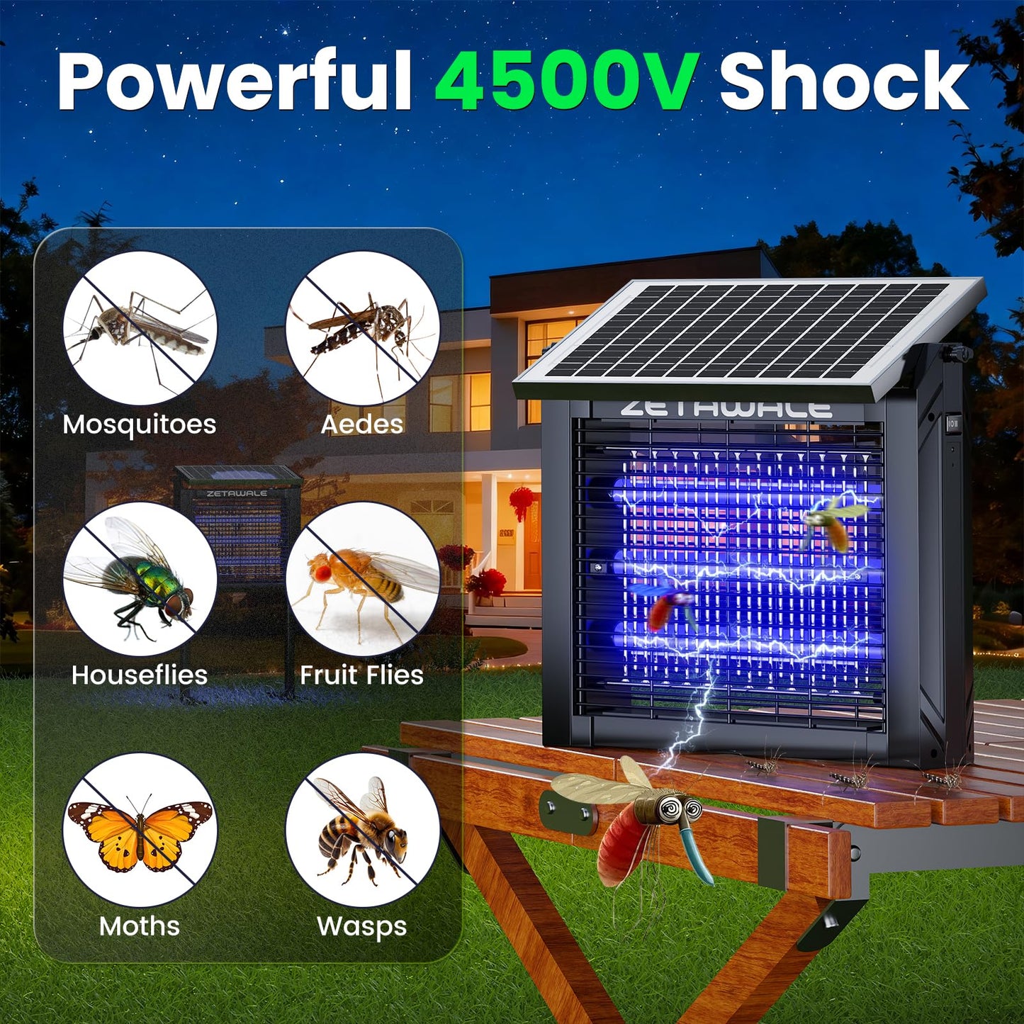 ZETAWALE Solar Bug Zapper Outdoor Mosquitos Zapper Solar Powered Bug Zapper Outdoor Camping Fly Control for 2000 sq.ft Waterproof Fly Killer Solar Mosquito Zapper for Garden Lawn and Back Yard (10W)