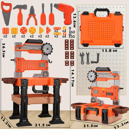 REXBETI Kids Tool Bench with Realistic Electric Drill and Tool Box, Pretend Play Kids Workbench Construction Kits, Toddler Tool Set, Birthday Gifts for Ages 3-8 Years Old