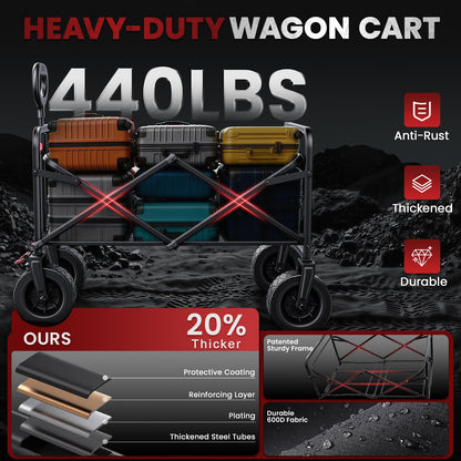 200L Collapsible Wagon Carts Foldable, Heavy Duty Beach Wagon with 7.48" All-Terrain Wheels, Portable Folding Utility Carts with Side Pocket for Beach, Camping, Groceries, Garden & Sports