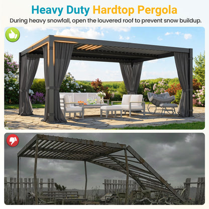 12' x 16' Louvered Pergola, Outdoor Pergola with Curtains & Netting, Metal Patio Pergola with Adjustable Louvers Roof and Gutter System, Metal Hardtop Gazebo for Patio, Deck, Garden, Yard, Dark Gray