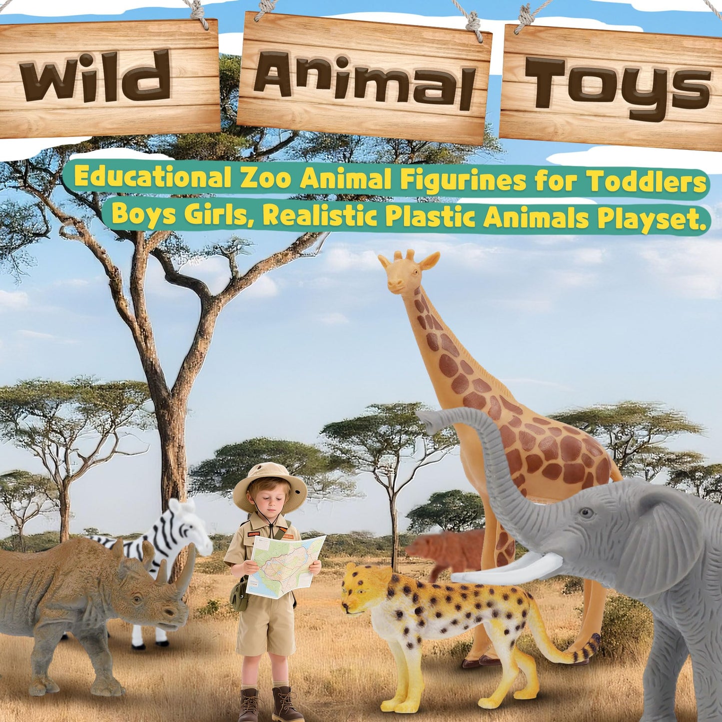 Beetots Safari Animal Figurines Set for Kids, 10 Piece Realistic Wild Zoo Animals Collection with Elephant, Lion, Tiger, Giraffe, Educational Toys for Toddlers Boys Girls