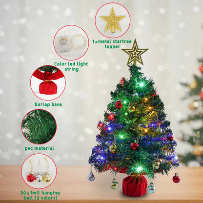 Mini Tabletop Christmas Tree with 30 LED String Lights, Star Top, Perfect for DIY Decoration 2ft