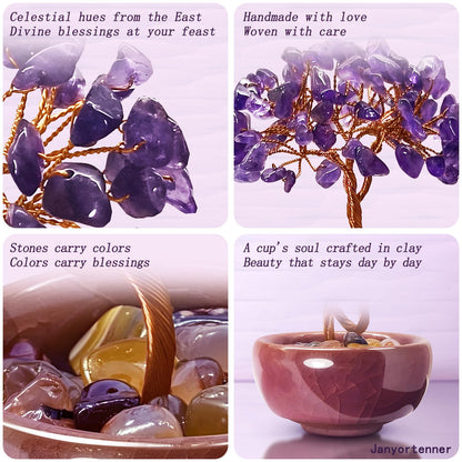 Janyortrenner Mini Amethyst Crystals Tree of Life,Mystical Energy Home Office Desk Decor,Handmade Crystal with Copper Wire and Crackle Glaze Base,Spiritual Gift